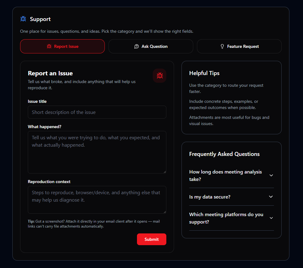 Account → Support tab reference